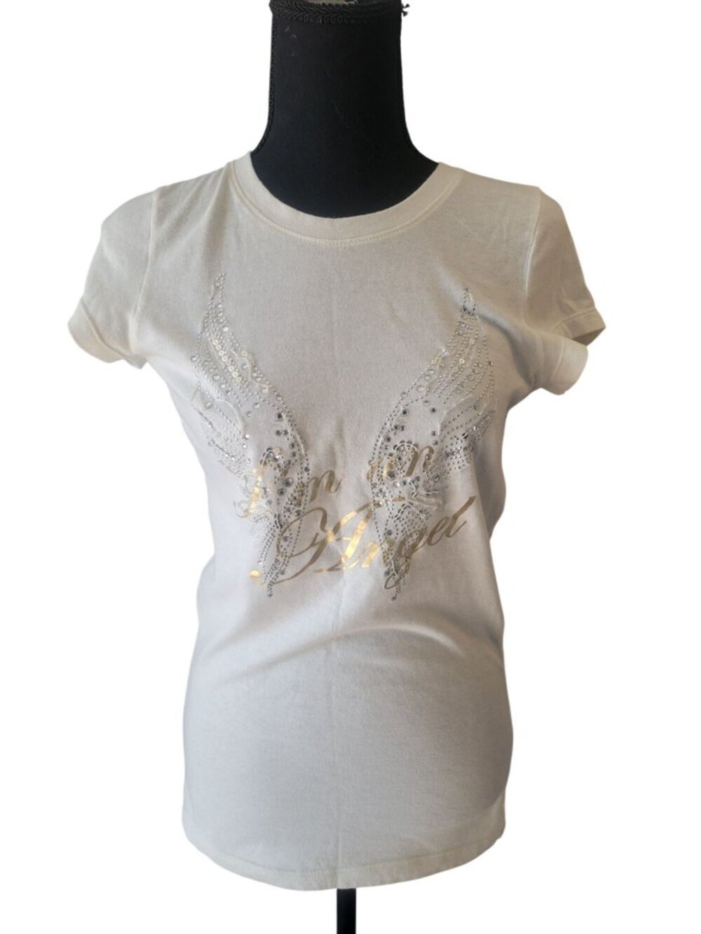 Victoria's Secret T-shirt silver rhinestone angel wings and gold lettering M - Picture 2 of 10
